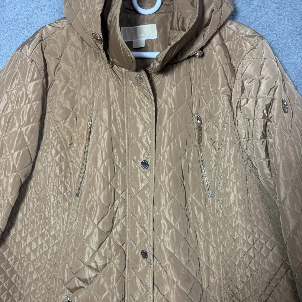 Michael Kors Womens 2X Quilted Hooded Parka Jacket Camel Tan RN 79675
